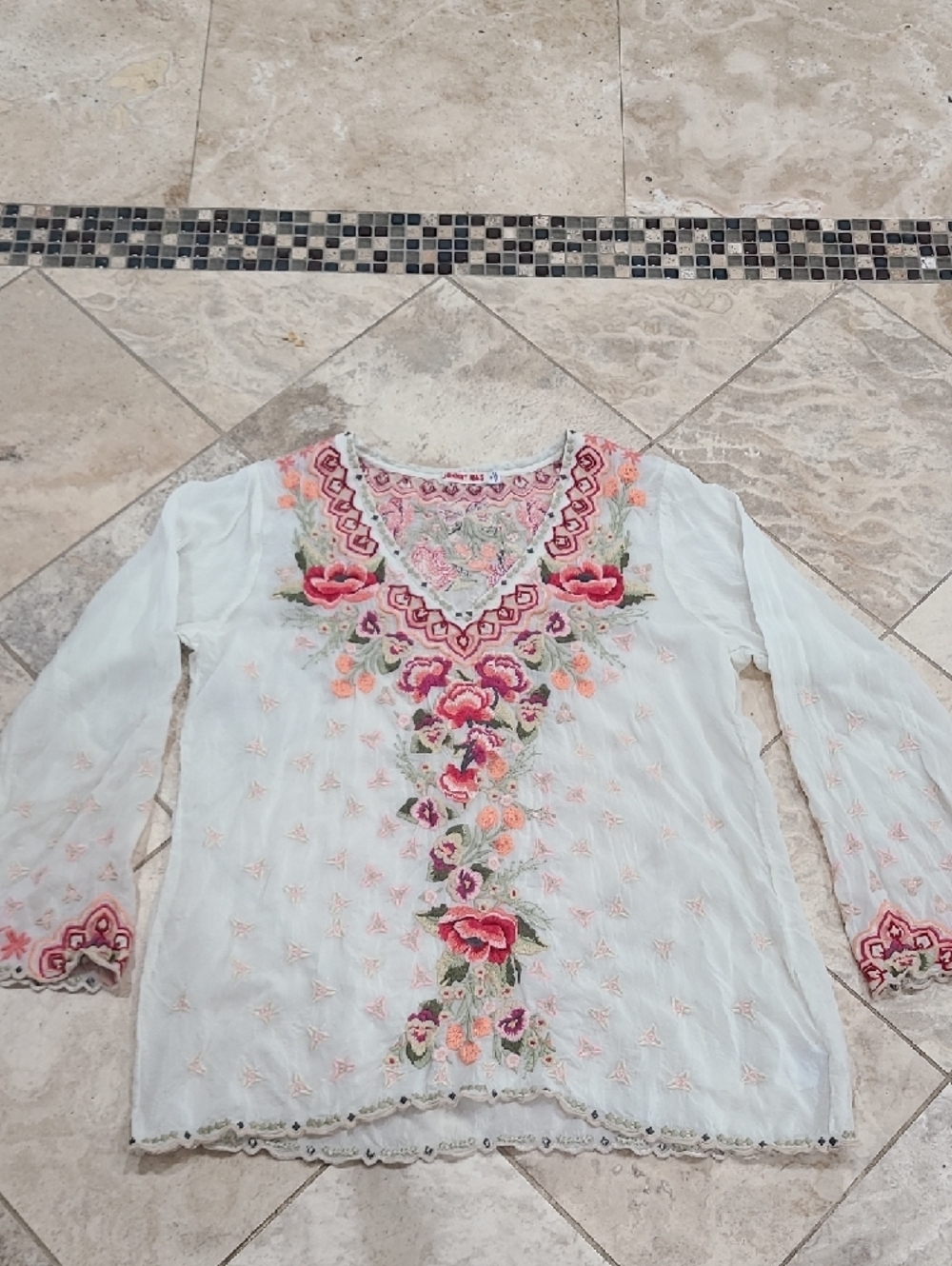 Johnny Was White Tunic with Pink & Green Floral Embroidery - Picture 4 of 14